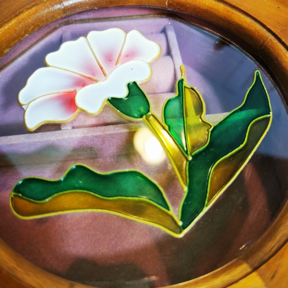 Vintage Octagonal Wooden Jewelry Box with Faux Stained Glass Lid - Picture 14 of 16